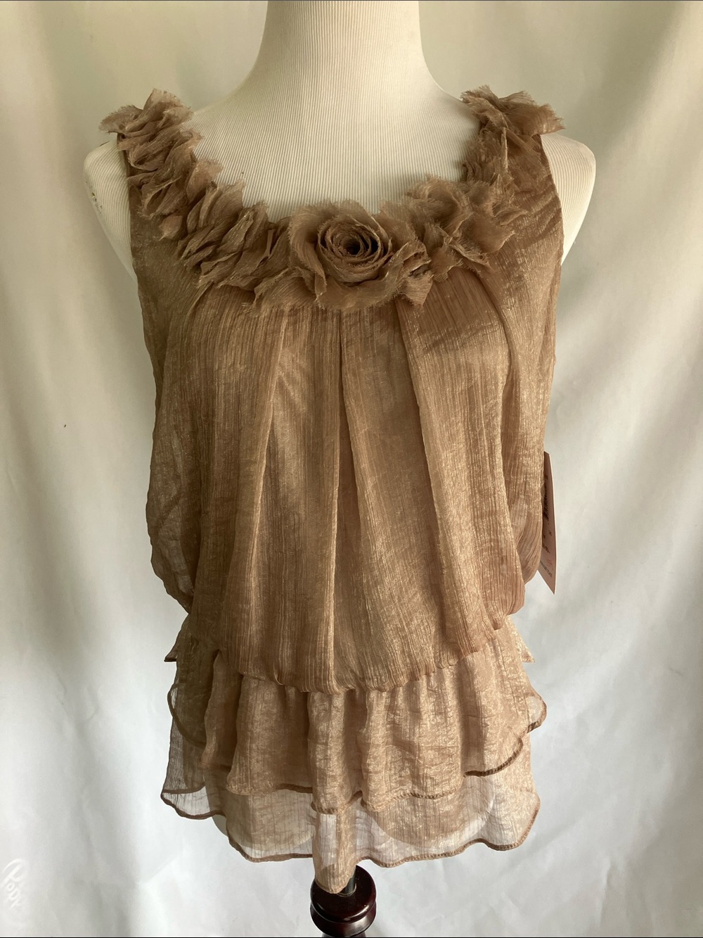Sunny Leigh Taupe Chiffon Ruffle Camisole with Floral Neckline